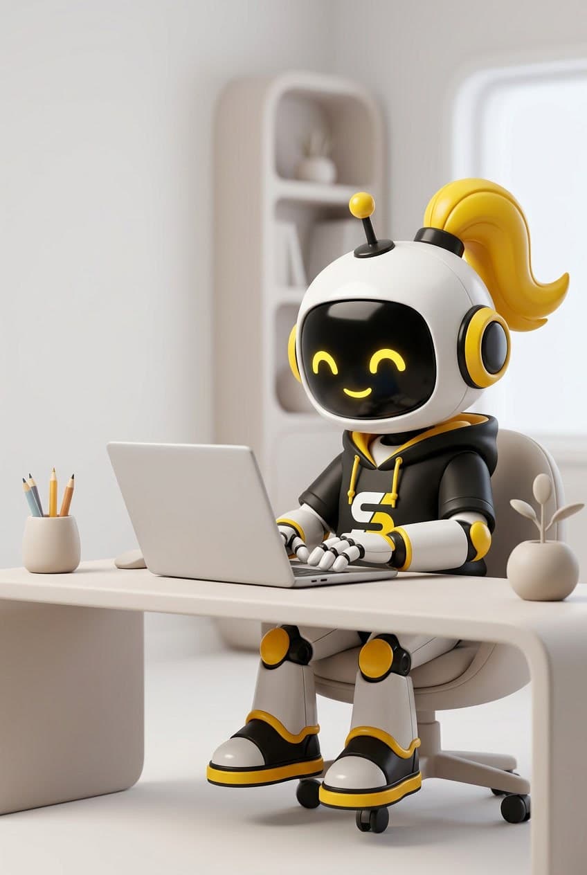 Stacka, the Stackd robot mascot, typing on a laptop at a desk
