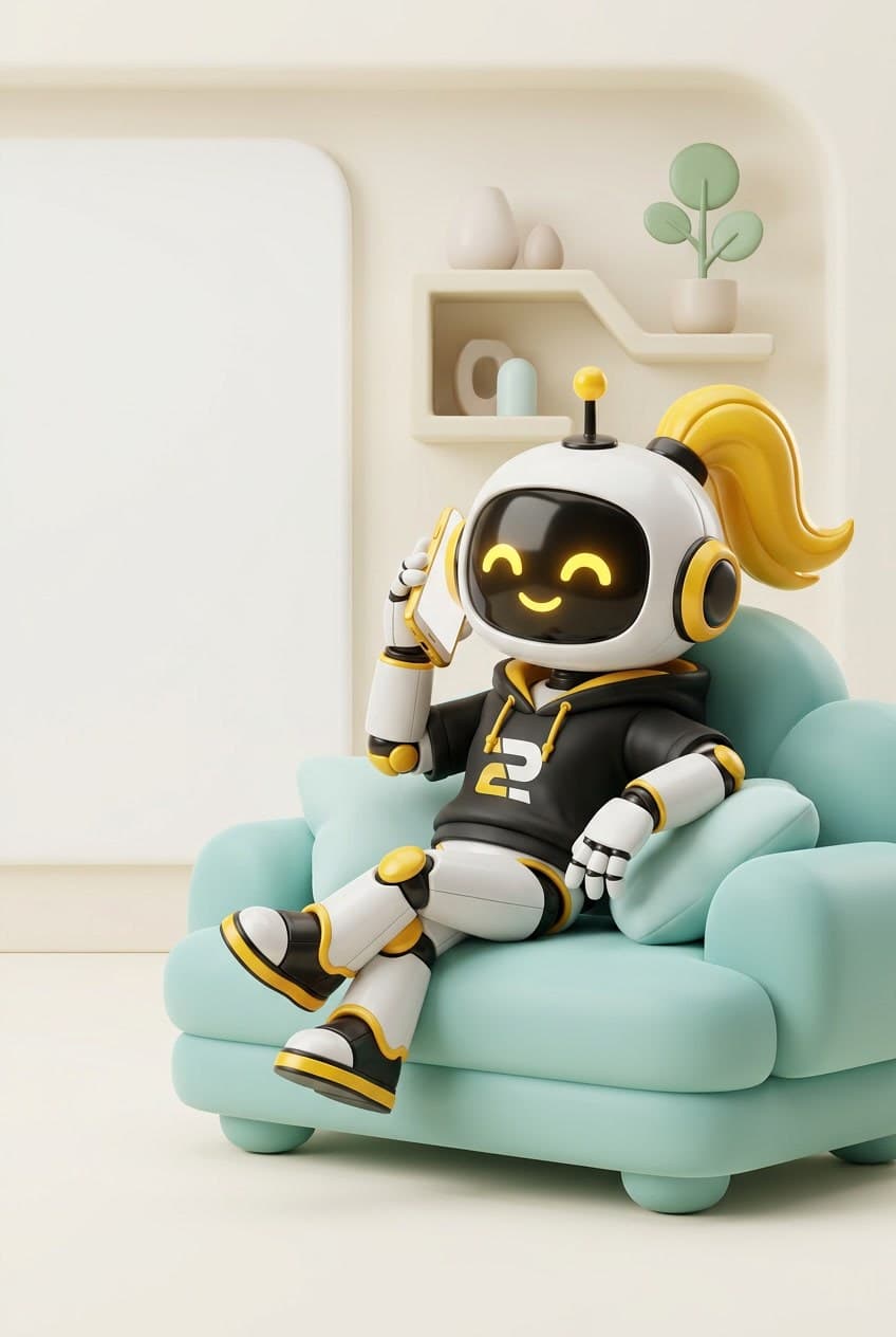 Stacka, the Stackd robot mascot, on a phone call from a couch