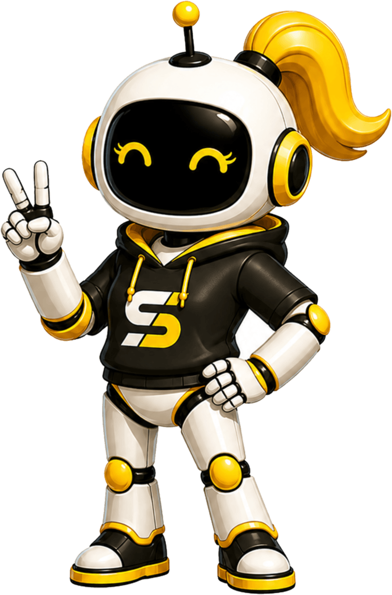 Stacka, the Stackd robot mascot, giving a peace sign